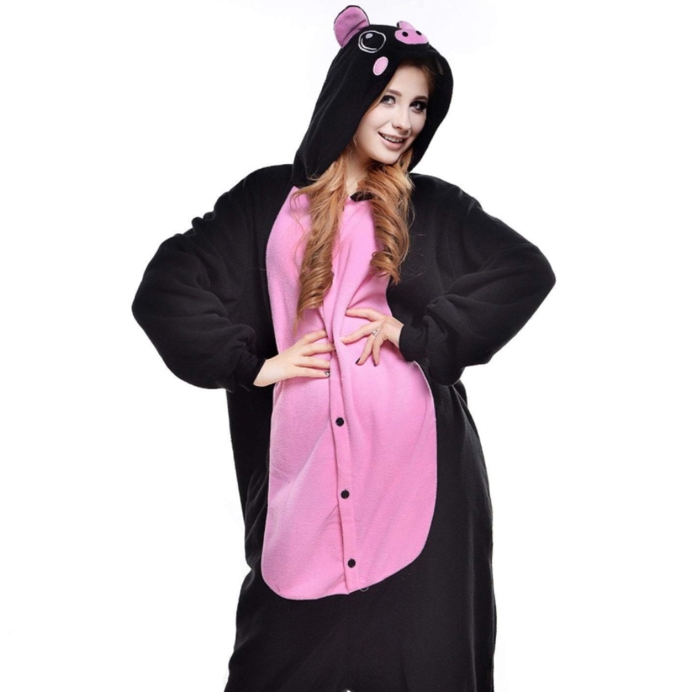 Unisex Adult Black Pig Onesie Pajamas- Plush One Piece Costume